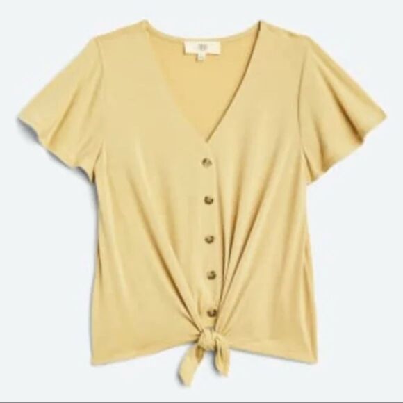 Pinque Tie Front Knit Top LARGE Levona Button Yellow Short Sleeve V-Neck Crop - Picture 3 of 12